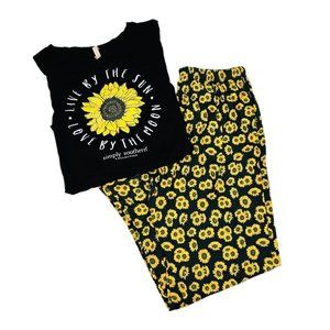 Simply Southern PJs Womens SMALL Sunflowers 2-pc. Soft Black Yellow Pajamas